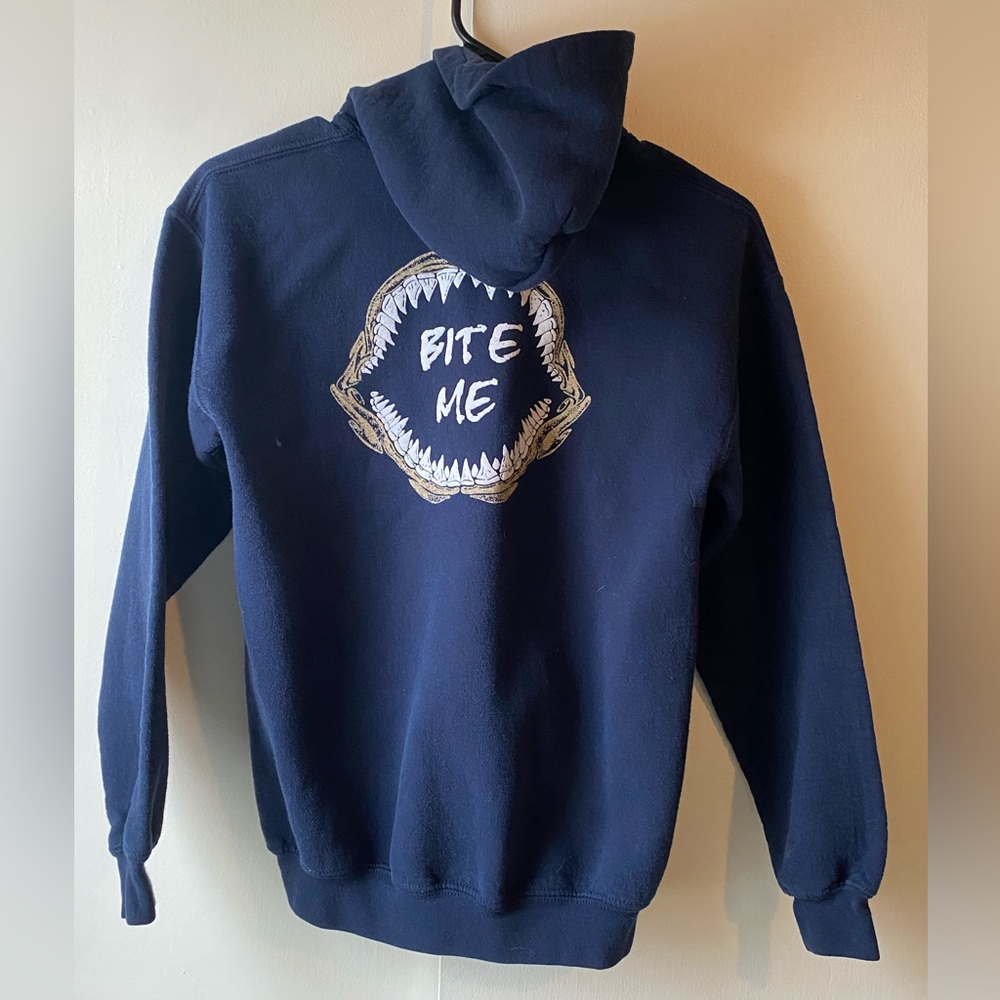 Youth Large Hoodie Washington Coast Bite Me Sweater Navy Blue Kids Unisex Boy
